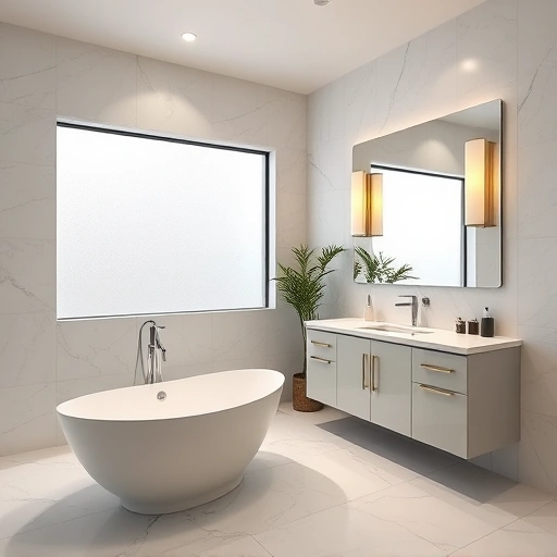 Luxurious bathroom remodel in Norterra AZ featuring a freestanding tub, marble tiles, and modern dual sink vanity.
