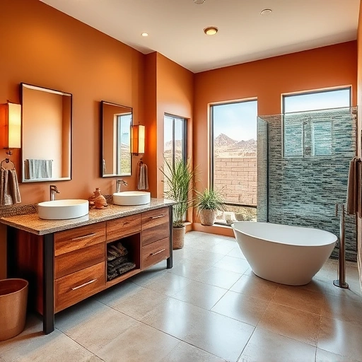 Spacious Phoenix bathroom blends modern and southwestern design with a freestanding tub and luxurious finishes.