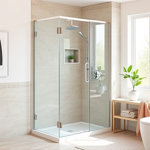 Shower glass enclosure installation in Phoenix with frameless panels, polished chrome, and neutral tile accents.