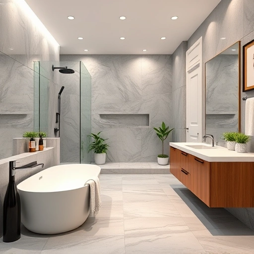 Modern bathroom remodel in Deer Valley AZ featuring freestanding tub, walk-in shower, double vanity, and elegant decor.