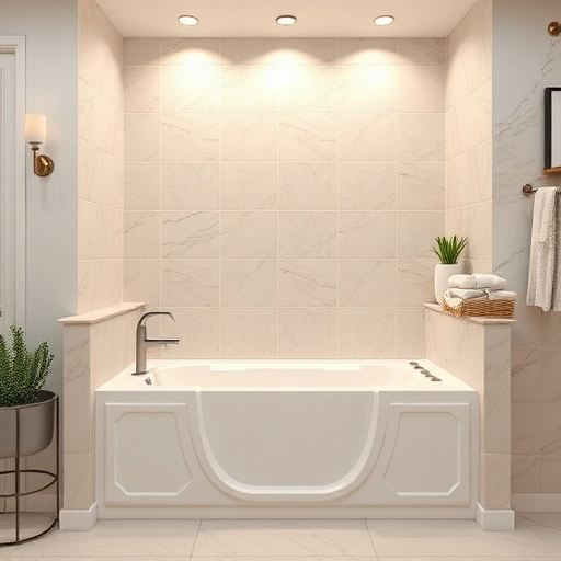 Walk-in tub installation in a modern Mesa AZ bathroom with elegant tiles, warm lighting, and organized decor.