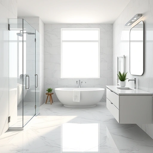 Modern bathroom remodel in Tempe AZ with marble tiles, walk-in shower, freestanding tub, and stylish fixtures.