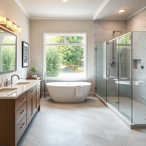 Completed bathroom remodel in Norterra AZ with elegant fixtures, freestanding tub, and modern design elements.