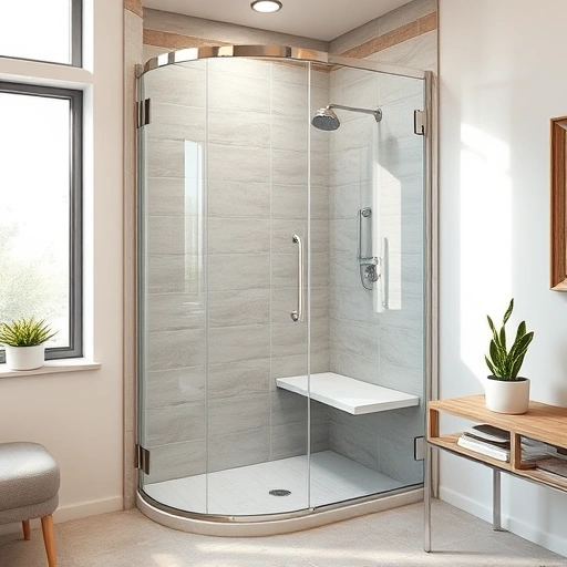 Completed Roll-In Shower Installation in Phoenix with modern fixtures, light gray tiles, and natural light ambiance.