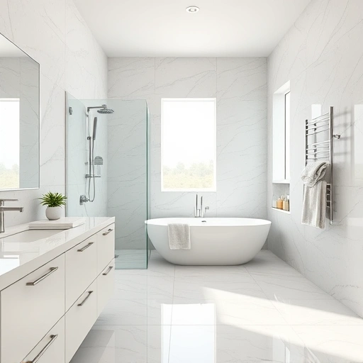 Modern bathroom remodel in Anthem AZ with white marble, glass shower, freestanding tub, and elegant decor.
