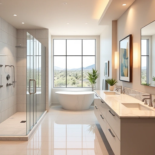 Completed bathroom remodel in Sun City AZ with walk-in shower, marble vanity, ambient lighting, and elegant decor.