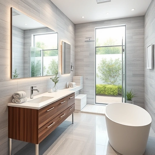 Completed bathroom remodel in Peoria AZ featuring elegant freestanding tub, dual sinks, and spacious glass shower.