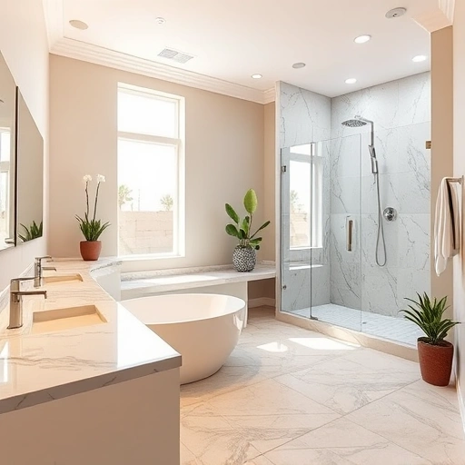 Completed bathroom remodel in El Mirage AZ featuring modern design, freestanding tub, marble countertops, and elegant finishes.