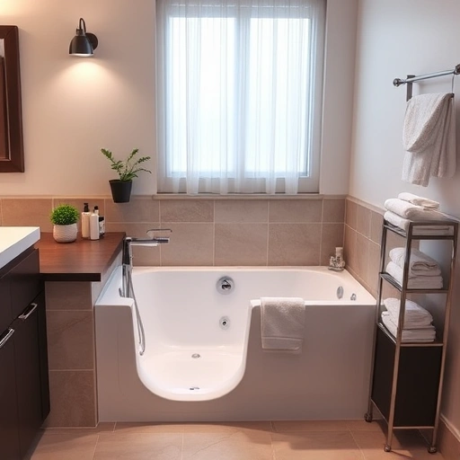 Walk-In Tub Installation in a modern bathroom with white tub, chrome fixtures, soft lighting, and elegant decor.