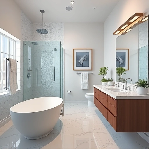 Modern bathroom remodeling in El Mirage AZ with soaking tub, glass shower, double vanity, and elegant finishes.