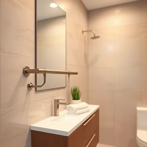 Close-up of a polished stainless steel grab bar installed on a pristine bathroom wall in Phoenix AZ, featuring modern decor.