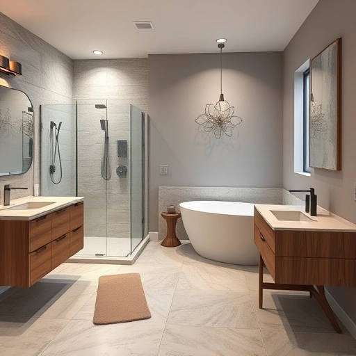 Completed bathroom remodel in Deer Valley AZ featuring modern design, walk-in shower, freestanding tub, and elegant tile work.