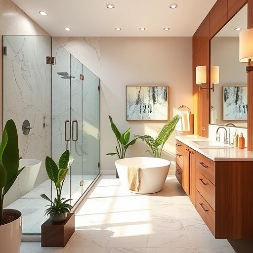 Luxurious bathroom remodel in Camelback East Village with marble tiles, walk-in shower, and freestanding tub.
