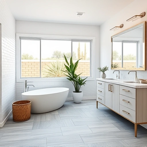 Spacious remodeled bathroom in Sun City AZ featuring a freestanding tub, double vanity, and serene color palette.