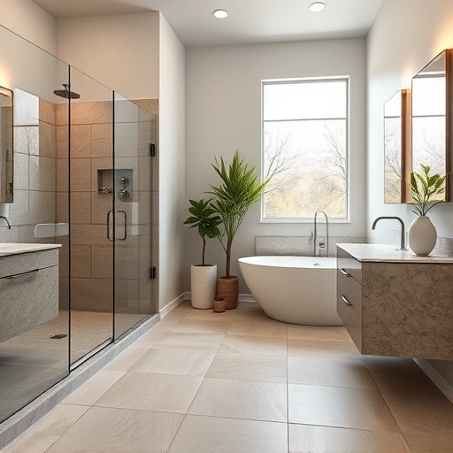 Modern bathroom remodel in Ahwatukee Foothills AZ featuring walk-in shower, freestanding tub, and elegant fixtures.