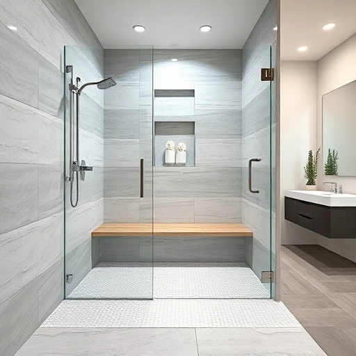 Custom walk-in shower design in Phoenix with modern tiles, chrome fixtures, glass enclosure, and natural stone bench.