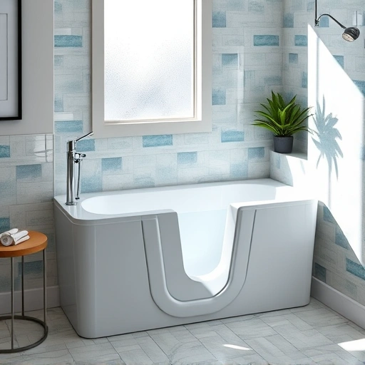 Walk-In Tub Installation in Norterra AZ featuring modern design, chrome fixtures, and serene blue and white tile work.