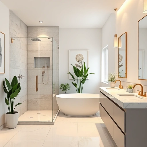 Modern bathroom remodel in Mesa AZ with walk-in shower, soaking tub, stylish vanity, and serene ambiance.