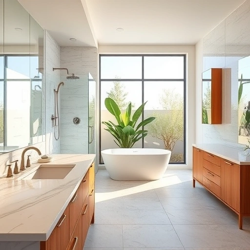 Elegant bathroom remodel in Carefree AZ features marble countertops, walk-in shower, freestanding tub, and warm lighting.