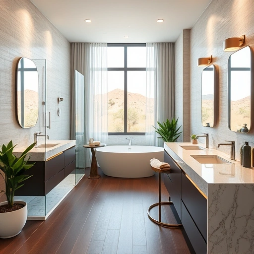 Completed bathroom remodel in New River AZ featuring a walk-in shower, freestanding tub, and double vanity with marble.