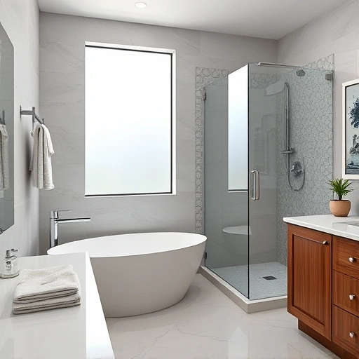 Luxury bathroom remodel in Goodyear AZ features marble countertops, sleek fixtures, and a freestanding tub by a window.