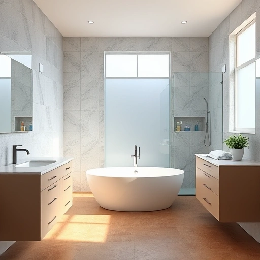 Luxurious remodeled bathroom in Happy Valley AZ with freestanding tub, modern tiles, and elegant design elements.