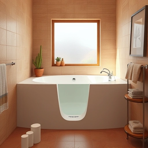 Walk-In Tub Installation in Moon Valley AZ with elegant design, chrome fixtures, and warm tiled walls for a serene ambiance.
