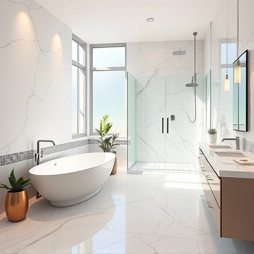 Modern Scottsdale bathroom remodel featuring a freestanding tub, marble tiles, and spacious glass-enclosed shower.