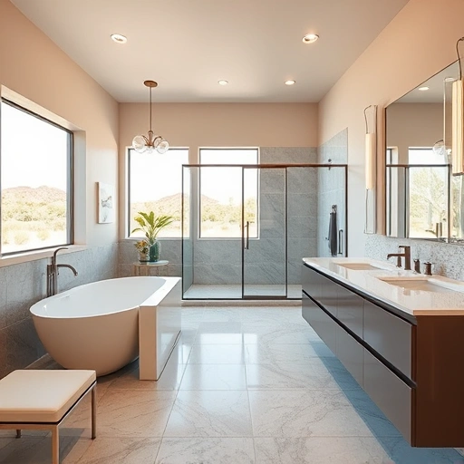 Spacious modern bathroom in Phoenix with freestanding tub, elegant tile, dual vanity, and serene desert views.
