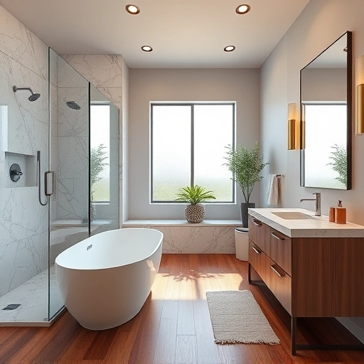 Completed bathroom remodel in Litchfield Park AZ featuring a freestanding tub, marble tiles, and modern fixtures.