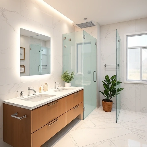 Modern bathroom remodel in El Mirage AZ featuring marble countertops, chrome faucets, and frameless glass shower.