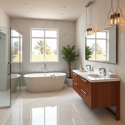 Completed bathroom remodel in Goodyear AZ featuring freestanding tub, marble tiles, double sink, and natural light.