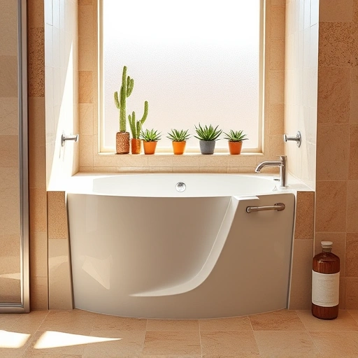 Walk-in tub installation in modern bathroom with earthy tones, sleek design, natural light, and potted succulents.