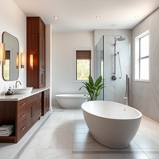Modern bathroom remodel in Desert View Village AZ featuring marble countertops, freestanding tub, and tiled walk-in shower.