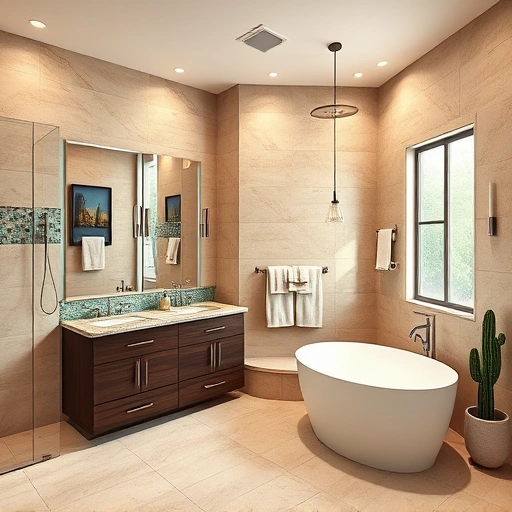 Luxurious Phoenix bathroom with warm beige tiles, turquoise mosaics, walk-in shower, freestanding tub, and stylish decor.