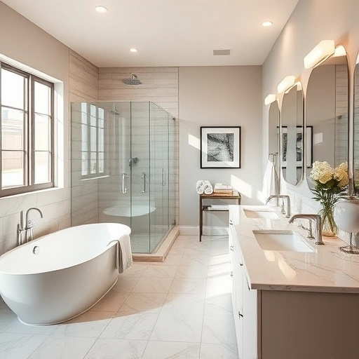 Elegant bathroom remodel in Paradise Valley AZ with freestanding tub, walk-in shower, marble vanity, and stylish decor.