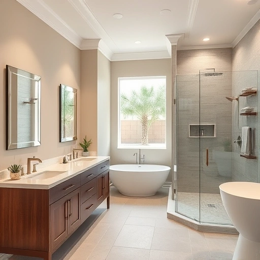 Spacious Phoenix bathroom remodel with earthy tones, modern vanity, walk-in shower, freestanding tub, and stylish decor.