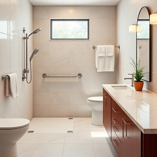 Aging-in-Place bathroom in Phoenix with accessible design, walk-in shower, low-entry, and serene color palette.