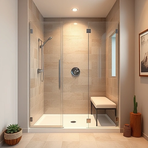 Completed Roll-In Shower Installation in Phoenix AZ with modern design, earth-tone tiles, and glass partition.