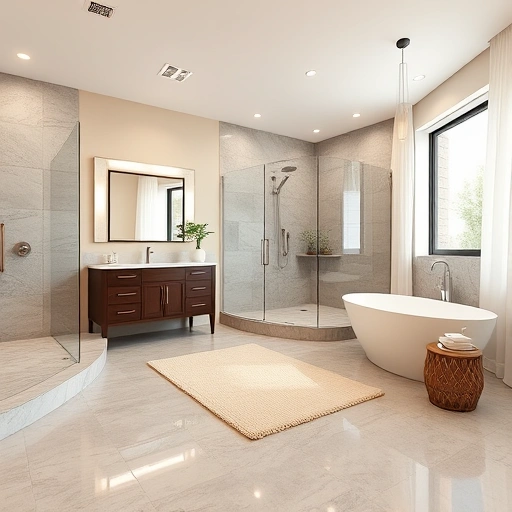 Spacious Phoenix bathroom with neutral tones, modern vanity, walk-in shower, soaking tub, and natural light.