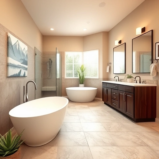 Modern bathroom remodel in Phoenix featuring earthy tones, freestanding tub, walk-in shower, and stylish decor.