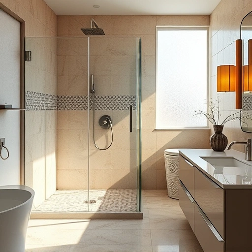 Walk-In shower remodel in Phoenix featuring elegant earth tone tiles and a spacious glass enclosure with luxury fixtures.