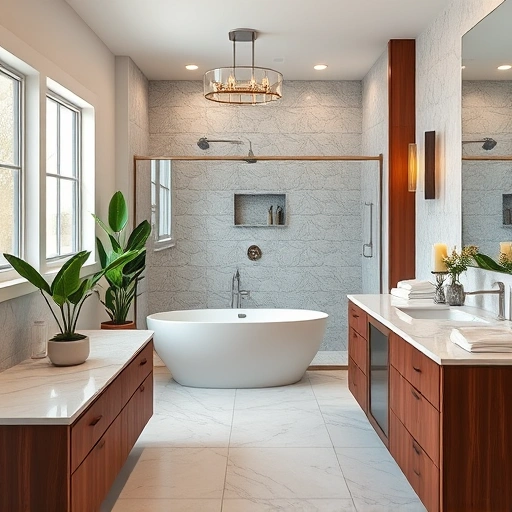 Completed bathroom remodel in New River AZ featuring freestanding tub, marble countertops, and elegant design details.