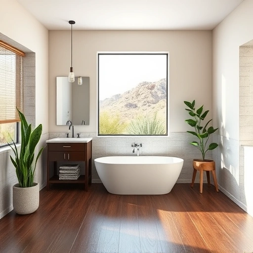 Modern bathroom remodel in Cave Creek AZ featuring a freestanding tub, double vanity, and desert views.