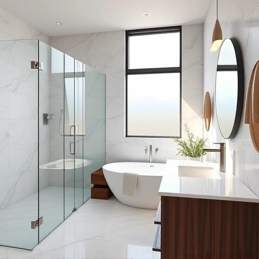 Completed bathroom remodel in Camelback East Village featuring modern design, freestanding tub, and walk-in shower.