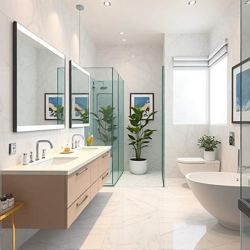 Modern bathroom remodel in Glendale AZ featuring elegant design, walk-in shower, marble tiles, and stylish fixtures.
