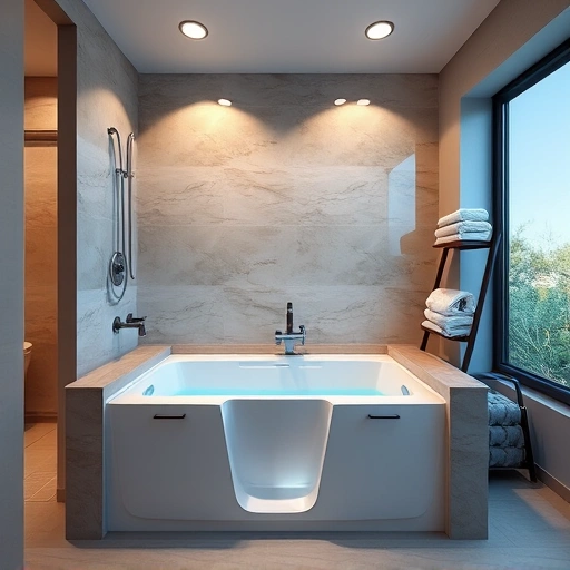 Walk-in tub installation in a modern bathroom in Maryvale AZ featuring stylish decor, lighting, and safety features.
