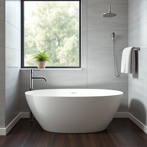 Luxurious bathroom featuring a freestanding tub, light gray tiles, dark wood floor, and modern chrome fixtures in Phoenix.