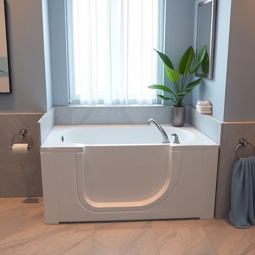 Walk-In Tub installation in Estrella Village AZ features sleek white design, chrome fixtures, and calming blue walls.