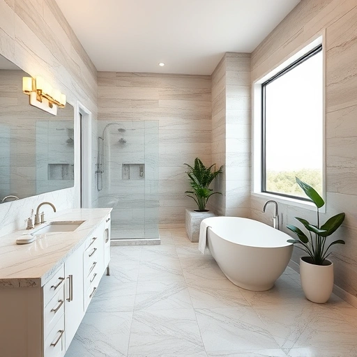 Spacious remodeled bathroom in Peoria AZ with freestanding tub, marble countertops, and elegant fixtures.